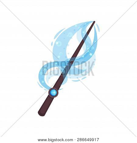 Wooden Wand With Blue Gemstone And Dust. Magic Stick With Bright Glow. Flat Vector For Mobile Game O