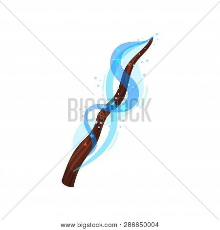 Flat Vector Icon Of Wooden Magic Wand With Bright Blue Dust. Brown Stick With Magical Power. Witchcr