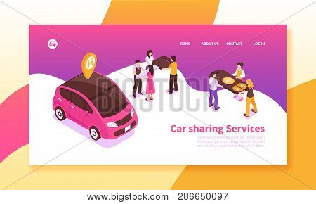 Car Pooling Service Isometric Horizontal Banner On Colorful Background With People Sharing Vehicle 3
