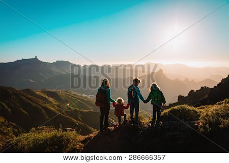 Mother With Kids Travel In Mountains, Family Hiking