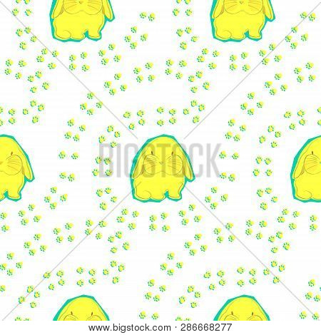 Cute Rabbits And Pawprints Seamless Pattern With Isolated On White Background. Zine Stylezed Collage
