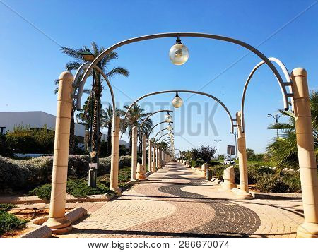 Rishon Le Zion, Israel -december 4, 2018: Street Light And Palm Trees Along Sidewalk Against Blue Sk