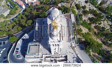 Aerial View Of Notre Dame De La Garde Basilica In Marseille City Center, France