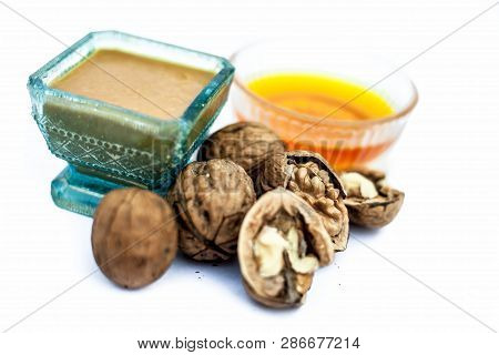 Close Up Of Best Home Remedy To Treat Anemia In A Glass Bowl Isolated On White Consisting Of Walnut