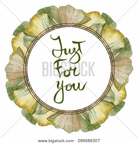 Green Red Ginkgo Biloba Leaves.watercolor Background Illustration Set. Frame Border Ornament Square.