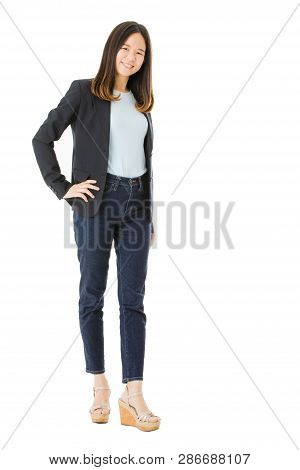 Full Length Shot Of Happy, Young, Beautiful, Asian Lady, Long Black Hair, Wearing Eyeglasses In Smar