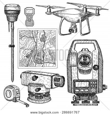 Geodetic Equipment Hand Drawn Vector Illustration. Measuring Instruments Engraved Style. Theodolite,