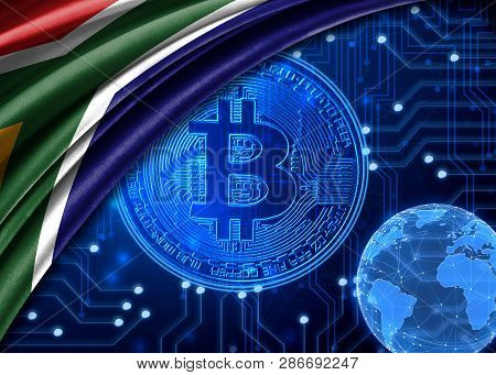 Flag Of South Africa Is Shown Against The Background Of Crypto Currency Bitcoin. Global World Crypto