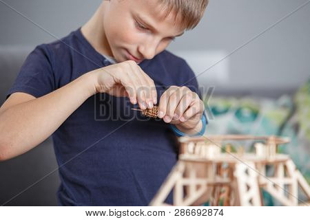Young Boy Playing With Eco Wooden Constructor