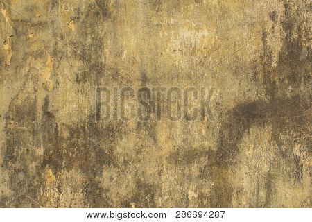 Yellow Gray White Old Wall With Scratches, Mold Stains, Cracks And Peeling Paint. Rough Surface Text