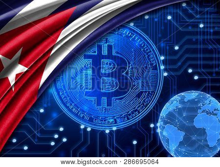 Flag Of Cuba Is Shown Against The Background Of Crypto Currency Bitcoin. Global World Crypto Currenc