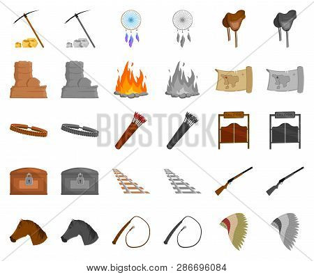Attributes Of The Wild West Cartoon, Monochrom Icons In Set Collection For Design.texas And America 