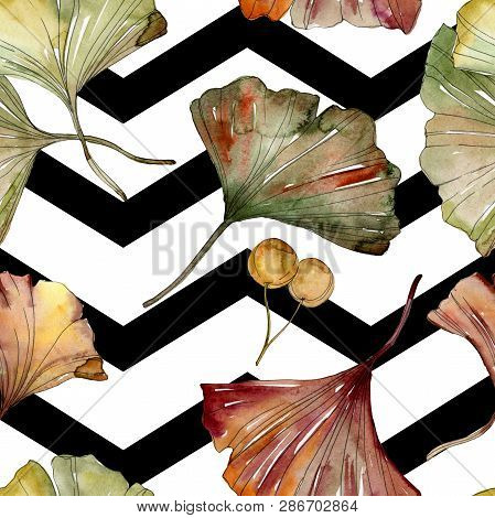 Green Red Ginkgo Biloba Leaves. Watercolor Background Illustration Set. Seamless Background Pattern.