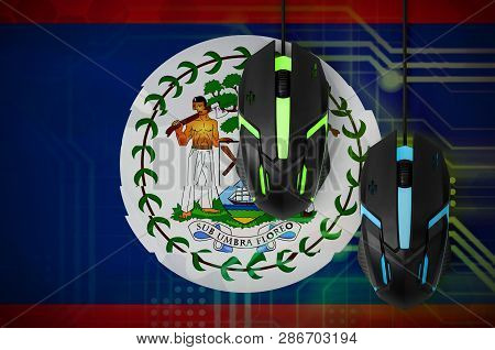 Belize Flag  And Two Mice With Backlight. Online Cooperative Games. Cyber Sport Team