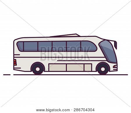 Side View Of Big White City Bus. Line Style Vector Illustration. Vehicle And Transport Banner. Moder