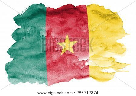 Cameroon Flag  Is Depicted In Liquid Watercolor Style Isolated On White Background