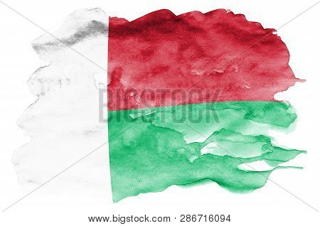 Madagascar Flag  Is Depicted In Liquid Watercolor Style Isolated On White Background