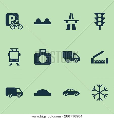 Transport Icons Set With Start Of Motorway, River, Bumpy And Other Van Elements. Isolated Vector Ill