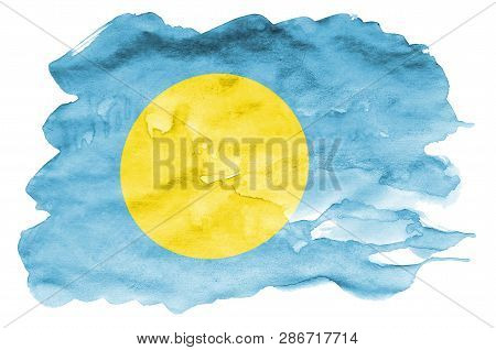 Palau Flag  Is Depicted In Liquid Watercolor Style Isolated On White Background