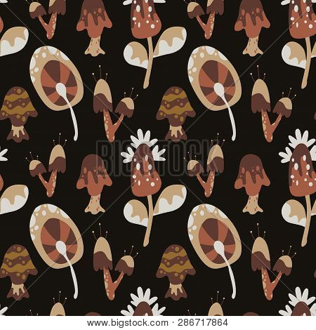 Vector Dark Naive Cute Mushrooms Seamless Pattern