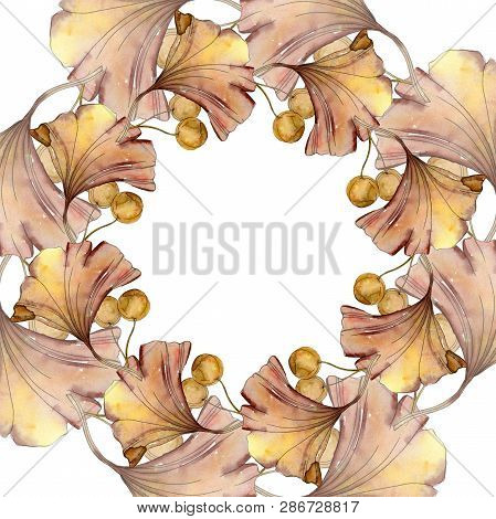 Green Red Ginkgo Biloba Leaves.watercolor Background Illustration Set. Frame Border Ornament Square.