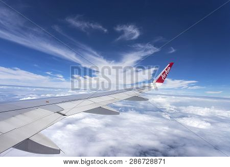 Bangkok, Thailand - August 19, 2018 : Airbus 320 Airasia, Thailand Low-cost Airline. View From The P