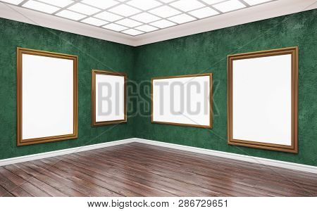 3d Rendering Illustration Of Classical Gallery. Fine Art Museum Corner. White Blank Canvases In Gorg