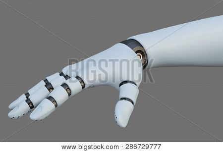 White Robot Hand, Isolated On Gray Background. 3d Rendering