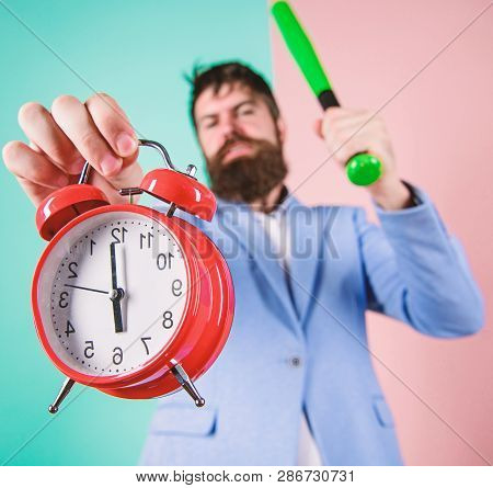 Discipline And Sanctions. Boss Aggressive Face Hold Alarm Clock. Destroy Or Turn Off. Man Suit Hold 