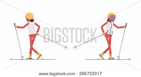 Sporty Woman Skiing, Enjoys Winter Outdoor Activities On Ski Resort. Girl Having Active Holiday, Win