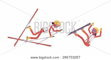 Sporty Woman Falling Off In Bad Technique On Ski Resort. Girl In Wrong Skiing And Snowboarding, Acti