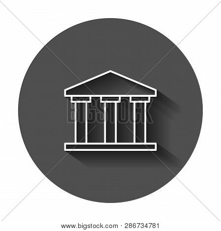 Bank Building Icon In Flat Style. Government Architecture Vector Illustration With Long Shadow. Muse