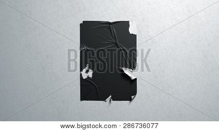 Blank Black Wheatpaste Adhesive Torn Poster Mockup White Textured Wall, 3d Rendering. Empty Tattered