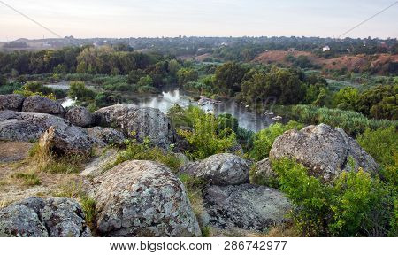 View Of The Rocky Shore Of  River In  Morning In  Reserve Buzsky Gard, Migeya, Mykolaiv Region, Ukra