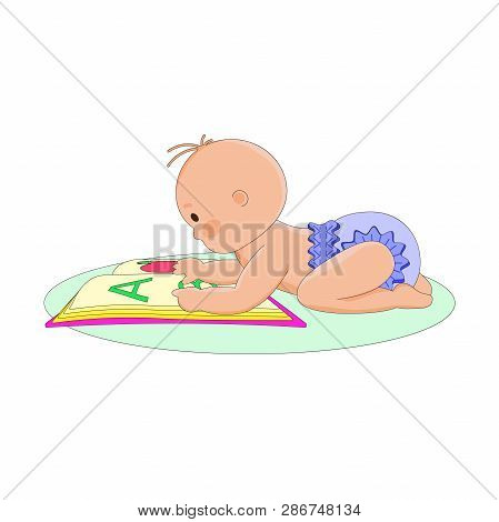 A Little Baby Is Lying Down Reading A Primer.