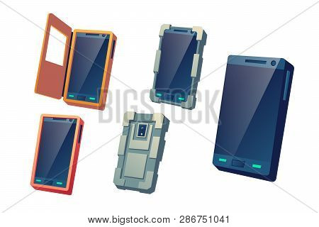Protective Covers, Water And Shockproof Cases For Modern Mobile Phones Cartoon Vector Illustration S