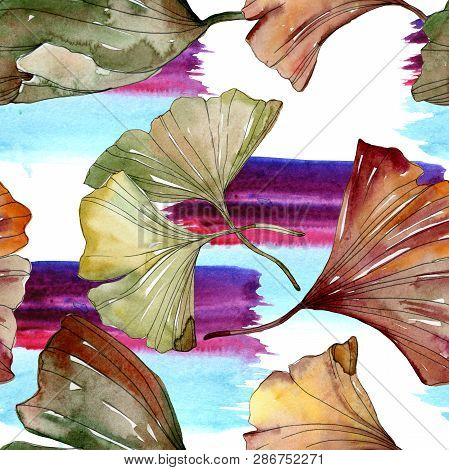 Green Red Ginkgo Biloba Leaves. Watercolor Background Illustration Set. Seamless Background Pattern.