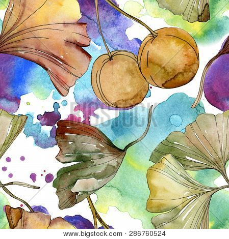 Green Red Ginkgo Biloba Leaves. Watercolor Background Illustration Set. Seamless Background Pattern.