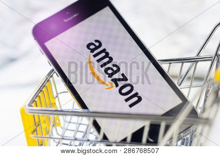 Online Shopping Amazon Company Logo Online Store On The Phone Screen Close-up