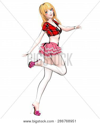 Sexy Anime 3d Doll Japanese Anime Schoolgirl Big Blue Eyes.short Red Jeans Skirt Blouse.cartoon, Com