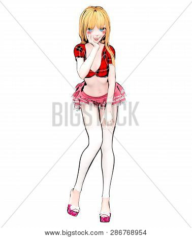 Sexy Anime 3d Doll Japanese Anime Schoolgirl Big Blue Eyes.short Red Jeans Skirt Blouse.cartoon, Com