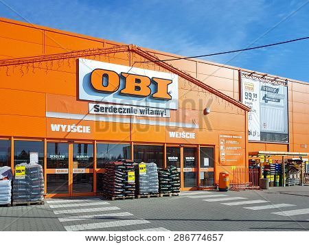Nowy Sacz, Poland - February 28, 2019: Exterior View Of The Obi Home Improvement Supermarket. Obi Gm