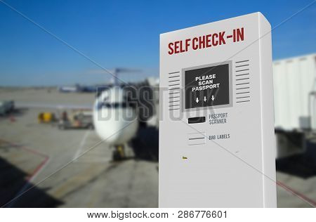 3d Render Illustration Of Self Flight Check In Kiosk At The Airport Terminal
