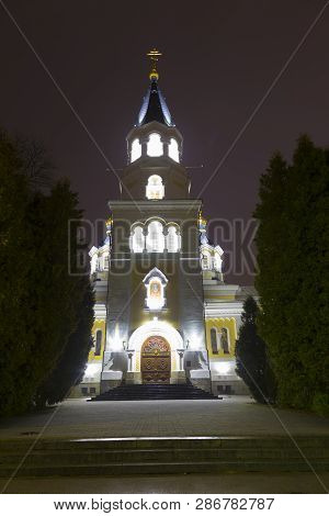 Ancient Historical Holy Transfiguration Cathedral, Illuminated By Lights At Night. Architectural Mon