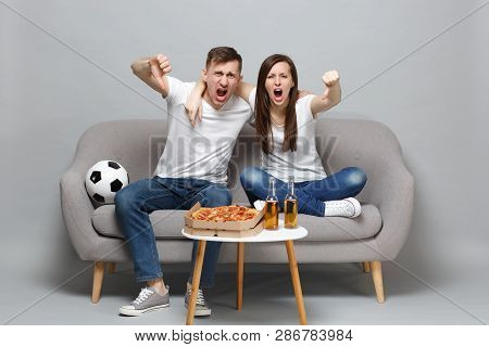 Irritated Screaming Couple Woman Man Football Fans In White T-shirt Cheer Up Support Favorite Team A