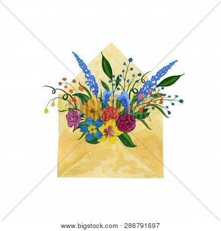 Isolated Illustration On White Background. Kraft Envelope Filled With Wildflowers.