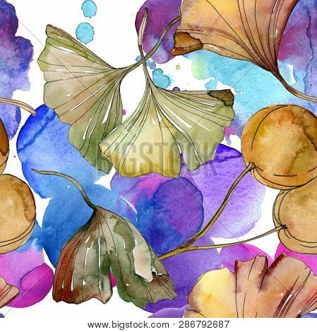 Green Red Ginkgo Biloba Leaves. Watercolor Background Illustration Set. Seamless Background Pattern.