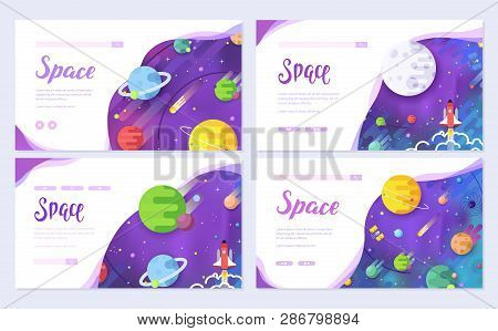 Huge Universe Vector Brochure Cards. Outline Outer Space Rocket Template Of Flyear, Web Banner, Ui H