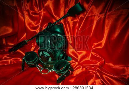 Close Up Bdsm Outfit. Bondage, Kinky Adult Sex Games, Kink And Bdsm Lifestyle Concept With Gas Mask,