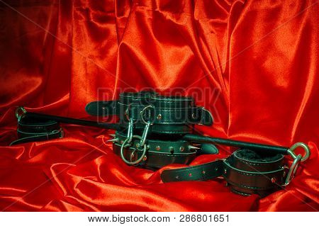 Close Up Bdsm Outfit. Bondage, Kinky Adult Sex Games, Kink And Bdsm Lifestyle Concept With A Pair Of